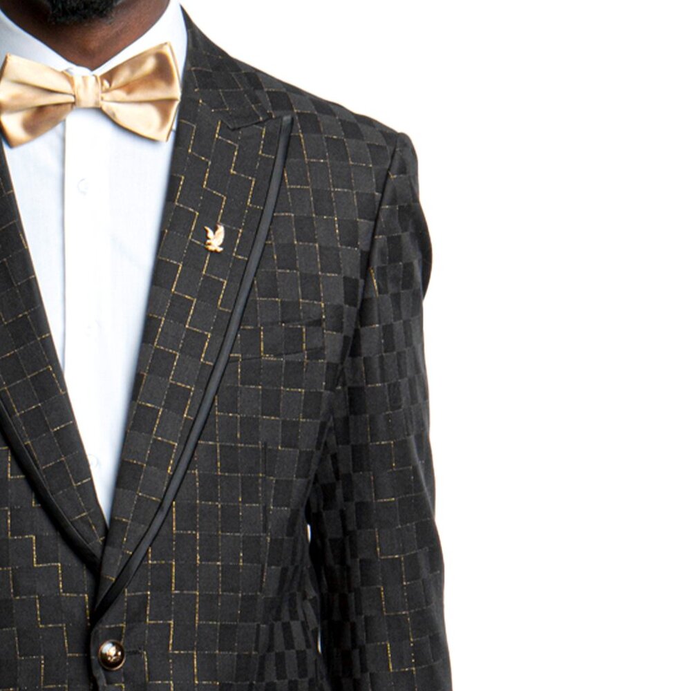 Black and Gold Mens Blazer Jacket w/ Peak Lapel - Picture 2 of 5